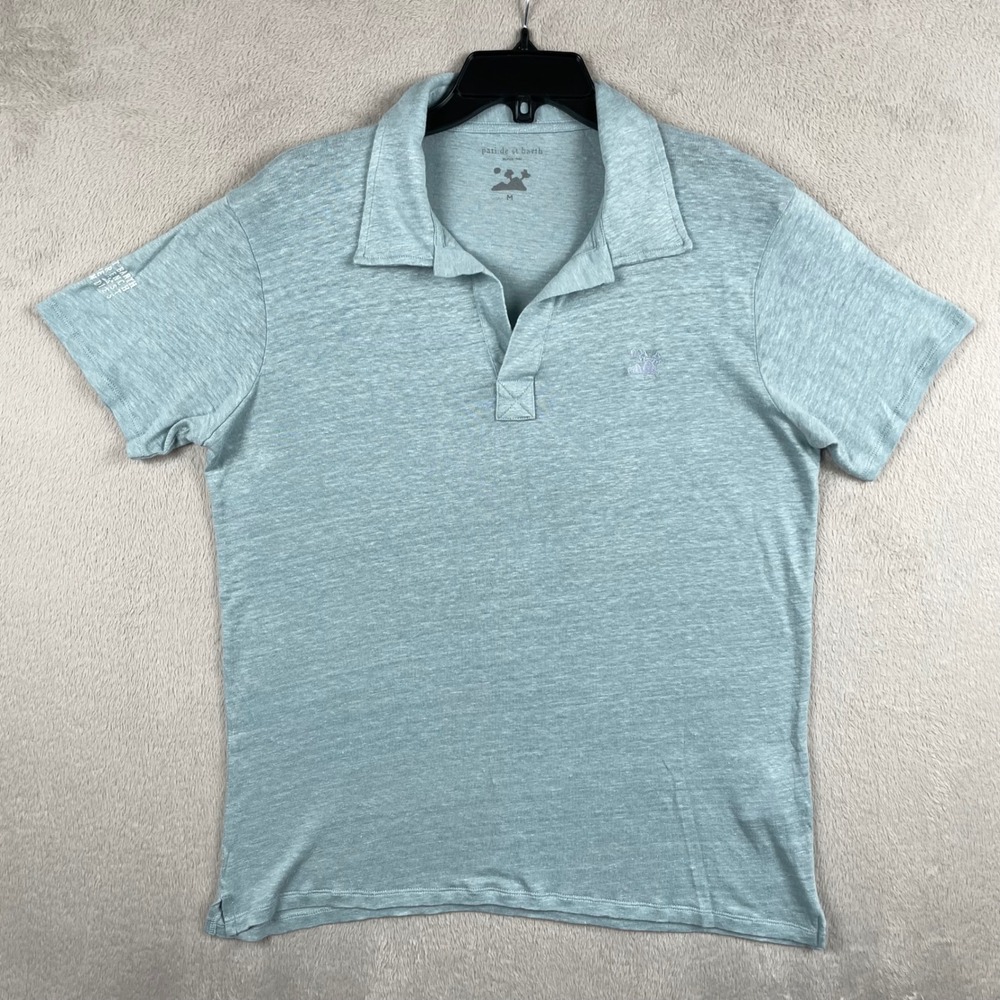 Pati de St Barth Polo Shirt Mens Medium Blue 100% Linen Johnny Collar Slub Knit